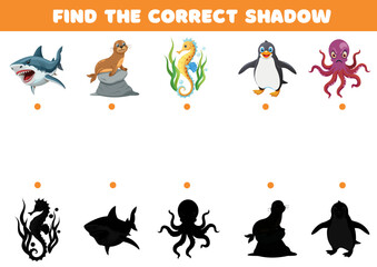 Find correct shadow. Vector illustration of sea animals – shark, seal, seahorse, penguin, octopus. Educational puzzle for children. Logic and recognition skills. Preschool learning game.