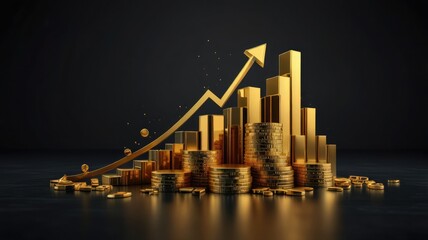 Golden upward trend graph rising above stacks of coins, symbolizing financial growth and success.
