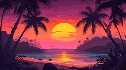 Tropical beach at sunset with palm trees and gentle waves