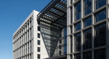 Fototapeta premium Modern Office Building Exterior with Glass Facade and Geometric Shadow Displayed against a Clear