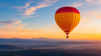 Obraz premium Person on a sunrise hot air balloon ride over a scenic landscape, serene