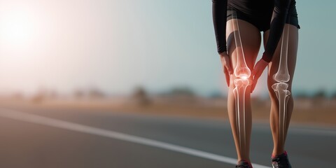 Sporty woman with knee pain after running injury, tendon inflammation shown via 3D transparent medical overlay — realistic style with soft lighting and open road background, copy space included
