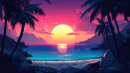 Tropical beach at sunset with palm trees and gentle waves