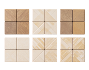 Set of Three Minimalist Geometric Ceramic Tiles in Earth Tones, Top-Down View PNG