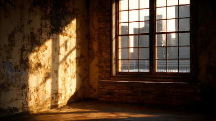 Warm sunlight streams through large gridded window illuminating textured brick wall in abandoned industrial space