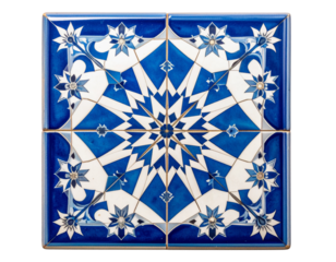 Square Moroccan Ceramic Tile with Traditional Blue and White Geometric Pattern, Front View PNG