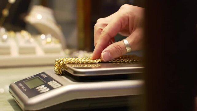 Jeweler weighs gold chain; shop background