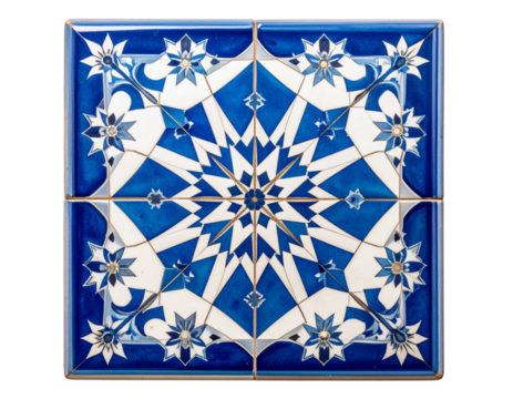 Square Moroccan Ceramic Tile with Traditional Blue and White Geometric Pattern, Front View PNG