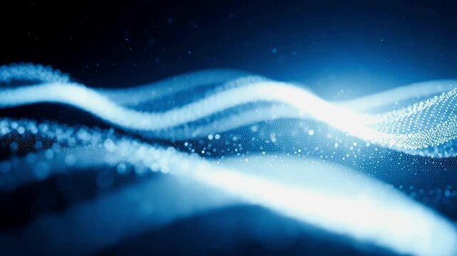 Floating digital particles in blue tones create a wave pattern over a dark backdrop, offering a high-definition modern tech look with calming motion and ambient light