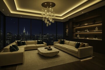 An expansive ultra-luxury penthouse living room with floor-to-ceiling glass walls overlooking a glittering city skyline at night. Plush modular sofas in rich cream leather are accented with velvet.