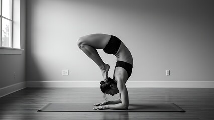 black and white of a woman doing yoga scorpion pose
