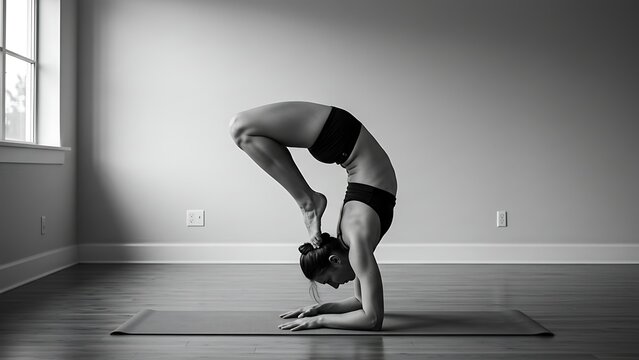 black and white of a woman doing yoga scorpion pose - Powered by Adobe