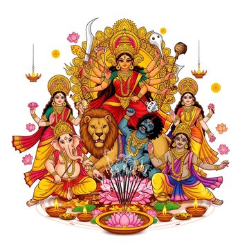 Hindu goddess durga and family in festive celebration