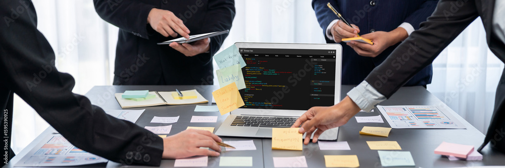 Poster analyst team use sticky note for creative and analytic brainstorm for business idea with bi data das