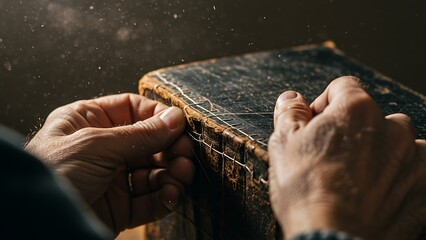 hands carefully sewing an old book