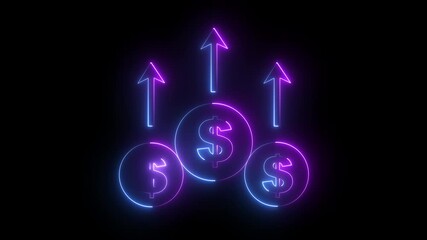 dollar icon with up arrow animation glowing neon blue and purple color business money profit sign symbol on black background. 4K motion graphic animation. - Powered by Adobe