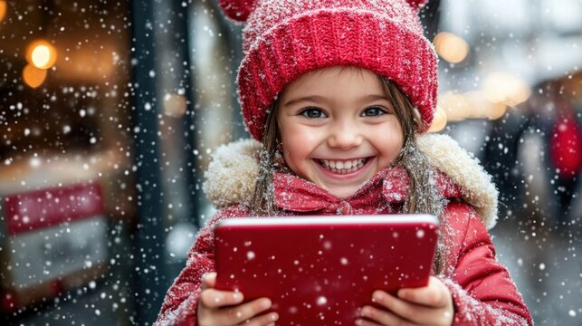Joyful Child in Winter Wonderland with Tablet