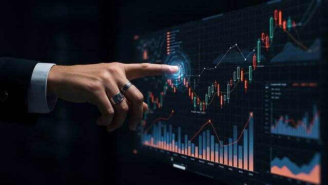Businessman analyzing financial stock market data on a futuristic digital interface