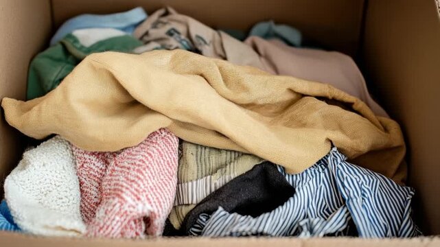 Unpacking a cardboard box filled with assorted clothing items for donation in a community center