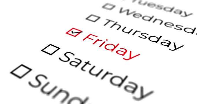 List of days of the week that advance in a list with camera rotation and end on FRIDAY with a white background