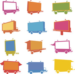 Colorful Mobile Billboard Vector Set: Twelve Unique Truck Designs for Advertising Campaigns and On-the-Go Promotions - Versatile Marketing Graphics.