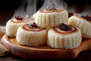 Soft Korean Steamed Rice Cakes Tteok Dramatically Stacked with Vivid Steam Highlighting Chewy Textures and Traditional Korean Snack Delight