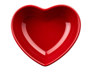 Top View of Red Heart-Shaped Ceramic Bowl with Glossy Finish, Isolated PNG