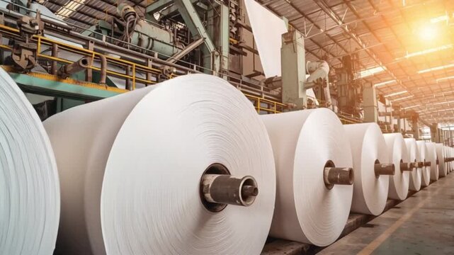 Paper rolls align inside large industrial factory hall production