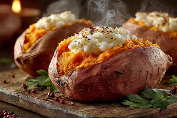 Steamed Sweet Potatoes with Tender Golden Orange Flesh Split Open and Steam Rising, Highlighting Creamy Textures and Warm Comfort Food Appeal