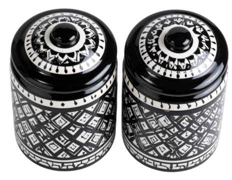 Top View of Round Patterned Ceramic Canisters with Lid Details, Isolated PNG