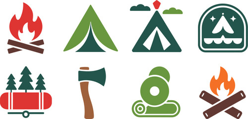 Camping Icons Fire, Tent, Axe