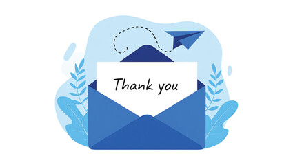 Blue envelope with thank you note and paper airplane flying message letter