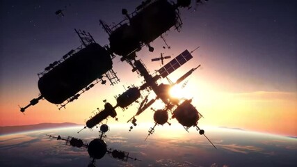 Silhouetted space station network orbiting Earth at sunrise - Powered by Adobe