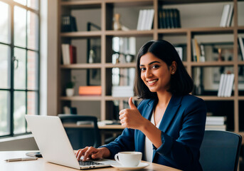 Confident Indian Businesswoman Working on Laptop in Modern Office