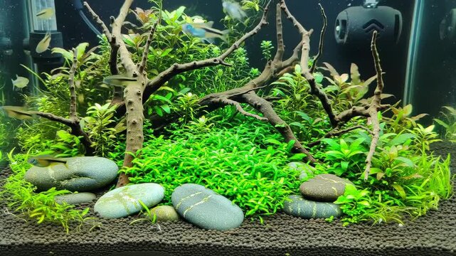Mesmerizing Aquarium Display with Healthy Fish and Vibrant Aquatic Flora