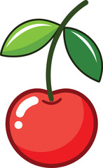 Cartoon illustration of a single red cherry with green leaves isolated on white background