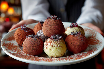 Decadent chocolate truffles dusted with cocoa powder on a plate, rich flavor and irresistible dessert indulgence perfect for chocolate lovers and sweet cravings