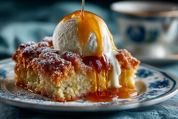 Warm peach cobbler with melting vanilla ice cream scoop and caramel sauce dripping slowly on a plate dessert delight fresh baked fruit treat