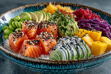 Vibrant poke bowl featuring fresh salmon cubes, ripe mango, creamy avocado, edamame, sesame seeds, and spicy mayo in a delicious healthy meal