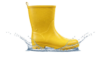 A single yellow rubber boot standing in water with splashes on a black isolated background image view