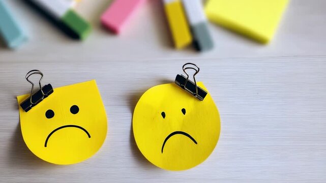 Yellow sticky notes with sad faces displayed on a table surrounded by colorful markers and erasers in a creative workspace setting