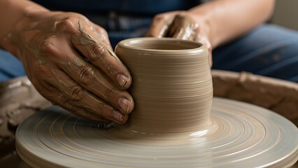 potters hands shaping clay on a spinning wheel