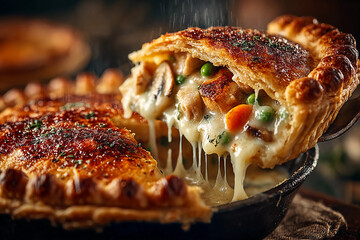 Golden crispy chicken pot pie steaming with savory filling of chicken carrots peas creamy gravy perfect comfort food homemade dinner