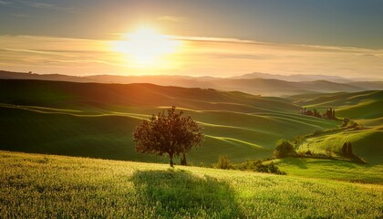 enchanting sunrise over tuscany s rolling hills and solitary tree in a serene landscape of vibrant greens and soft pastels