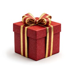 Obraz premium A sparkling red gift box with a festive gold and red ribbon bow and streamers
