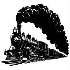 Black silhouette of a traditional steam train in white background