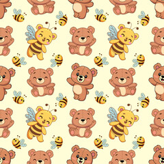 Cute bears and bees pattern, light background