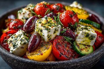 Vibrant Greek salad with juicy cherry tomatoes, crunchy cucumbers, creamy feta cheese, kalamata olives, and herb-infused olive oil drizzle