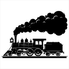 Black silhouette of a traditional steam train in white background
