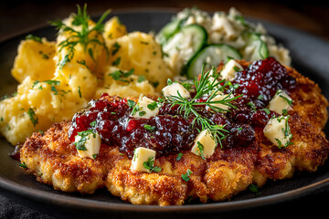 Crispy golden schnitzel with tangy cranberry sauce creamy potato salad fresh cucumber salad traditional European comfort food meal